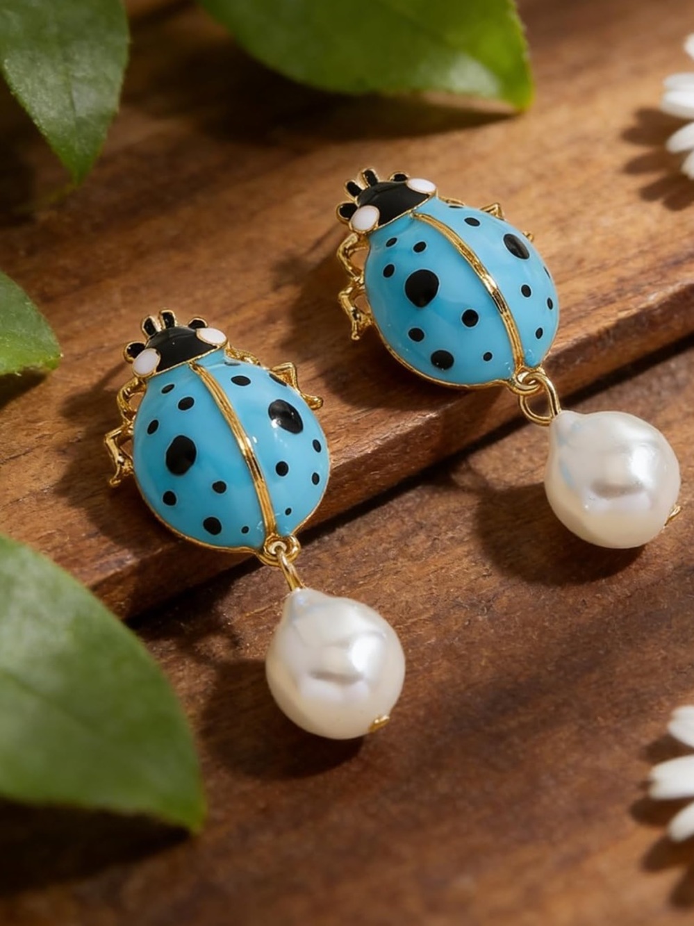 Anthropologie Turquoise and Black Ladybug Pearl Drop Earrings - Gold Tone
